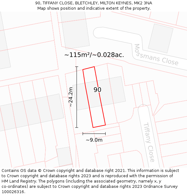 90, TIFFANY CLOSE, BLETCHLEY, MILTON KEYNES, MK2 3NA: Plot and title map
