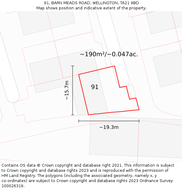 91, BARN MEADS ROAD, WELLINGTON, TA21 9BD: Plot and title map