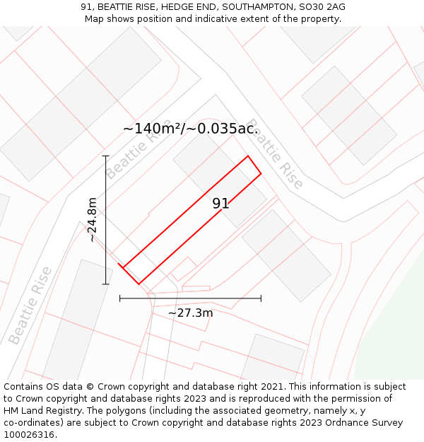 91, BEATTIE RISE, HEDGE END, SOUTHAMPTON, SO30 2AG: Plot and title map