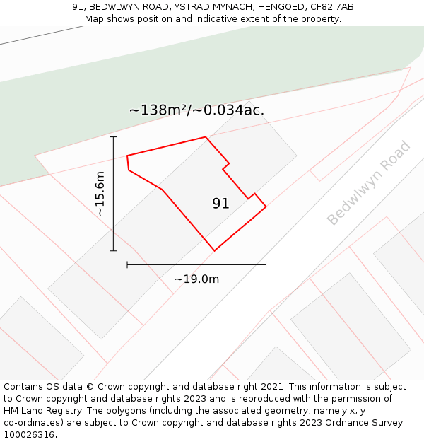 91, BEDWLWYN ROAD, YSTRAD MYNACH, HENGOED, CF82 7AB: Plot and title map