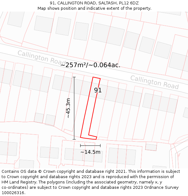 91, CALLINGTON ROAD, SALTASH, PL12 6DZ: Plot and title map