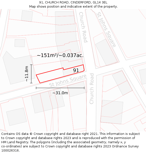 91, CHURCH ROAD, CINDERFORD, GL14 3EL: Plot and title map