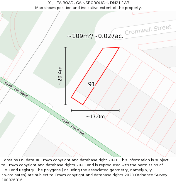 91, LEA ROAD, GAINSBOROUGH, DN21 1AB: Plot and title map