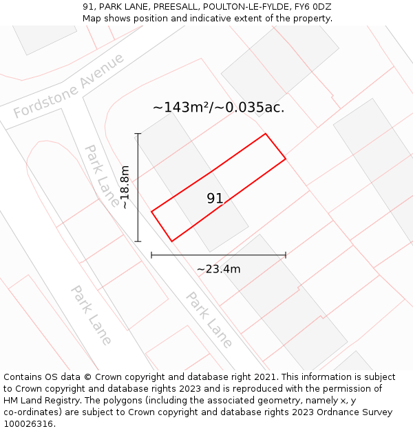 91, PARK LANE, PREESALL, POULTON-LE-FYLDE, FY6 0DZ: Plot and title map