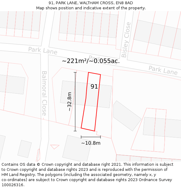 91, PARK LANE, WALTHAM CROSS, EN8 8AD: Plot and title map