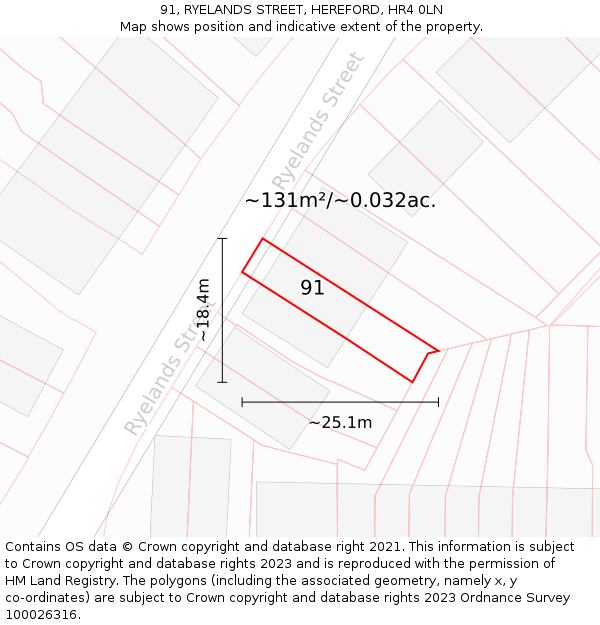 91, RYELANDS STREET, HEREFORD, HR4 0LN: Plot and title map