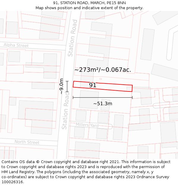 91, STATION ROAD, MARCH, PE15 8NN: Plot and title map