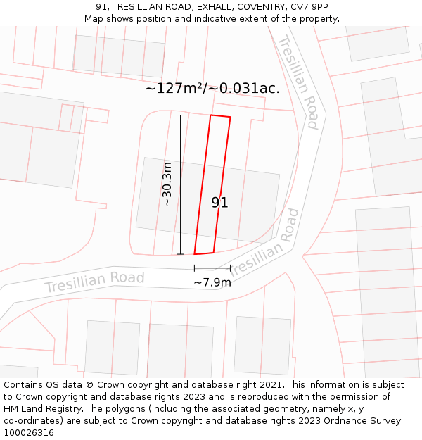 91, TRESILLIAN ROAD, EXHALL, COVENTRY, CV7 9PP: Plot and title map