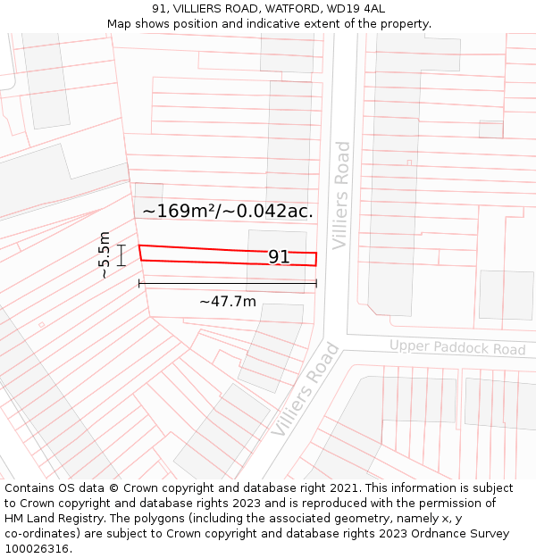 91, VILLIERS ROAD, WATFORD, WD19 4AL: Plot and title map