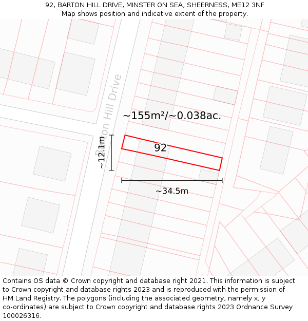 92, BARTON HILL DRIVE, MINSTER ON SEA, SHEERNESS, ME12 3NF: Plot and title map
