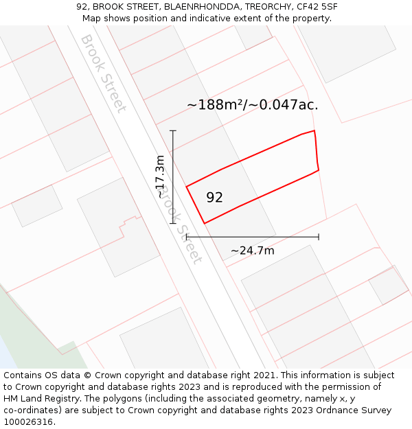 92, BROOK STREET, BLAENRHONDDA, TREORCHY, CF42 5SF: Plot and title map