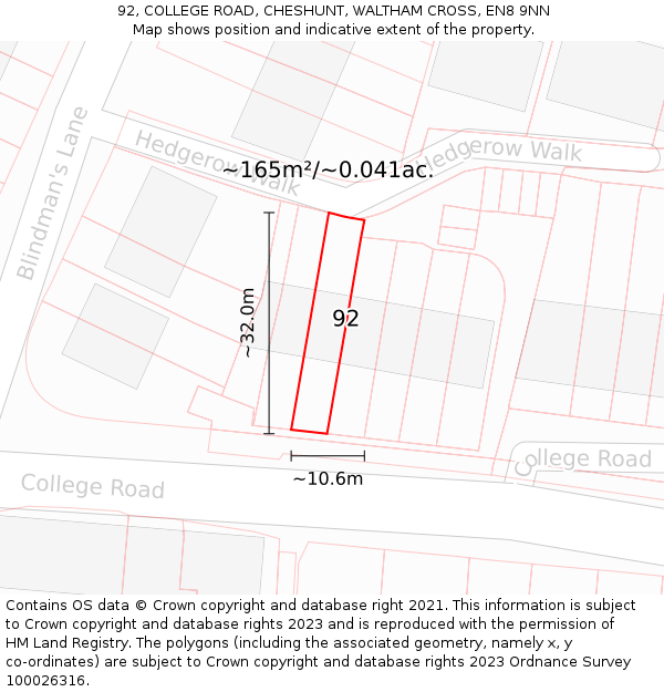 92, COLLEGE ROAD, CHESHUNT, WALTHAM CROSS, EN8 9NN: Plot and title map