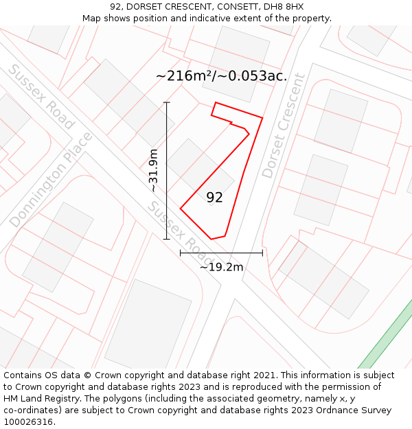 92, DORSET CRESCENT, CONSETT, DH8 8HX: Plot and title map