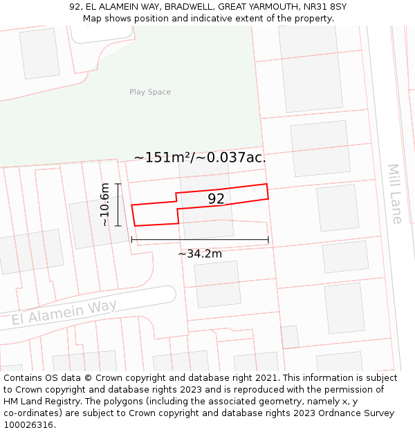 92, EL ALAMEIN WAY, BRADWELL, GREAT YARMOUTH, NR31 8SY: Plot and title map
