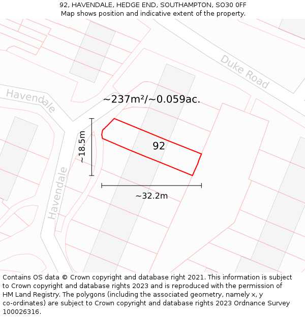 92, HAVENDALE, HEDGE END, SOUTHAMPTON, SO30 0FF: Plot and title map