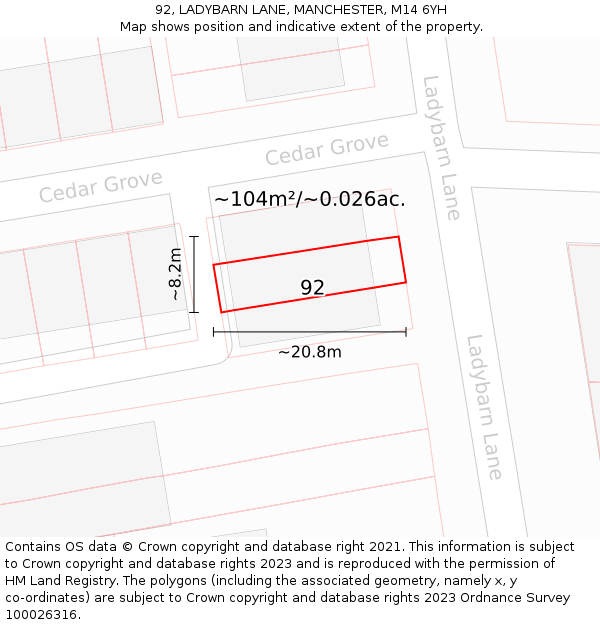 92, LADYBARN LANE, MANCHESTER, M14 6YH: Plot and title map