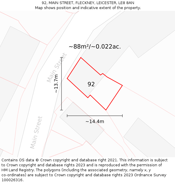 92, MAIN STREET, FLECKNEY, LEICESTER, LE8 8AN: Plot and title map