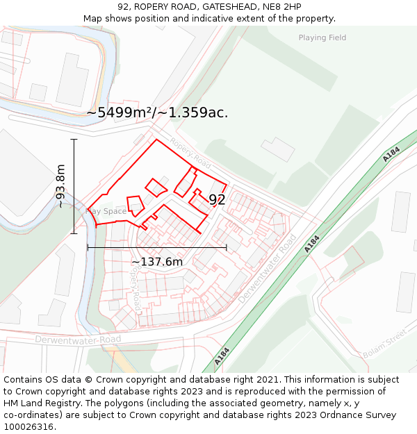 92, ROPERY ROAD, GATESHEAD, NE8 2HP: Plot and title map