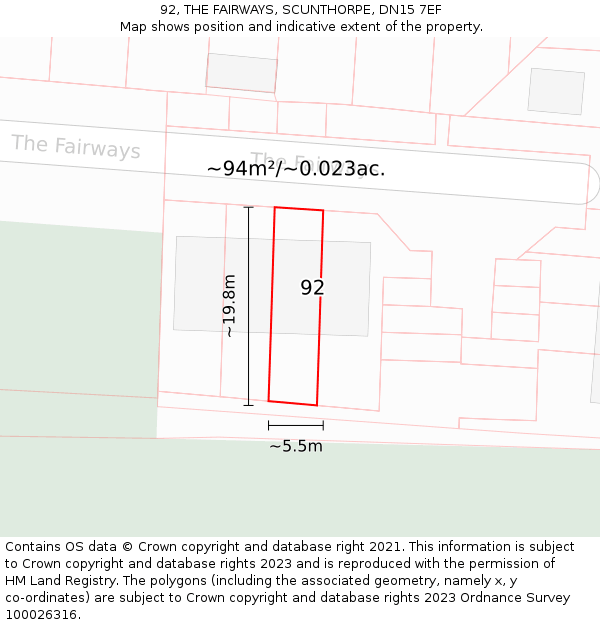 92, THE FAIRWAYS, SCUNTHORPE, DN15 7EF: Plot and title map