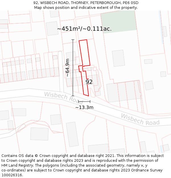 92, WISBECH ROAD, THORNEY, PETERBOROUGH, PE6 0SD: Plot and title map