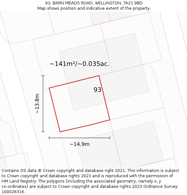 93, BARN MEADS ROAD, WELLINGTON, TA21 9BD: Plot and title map