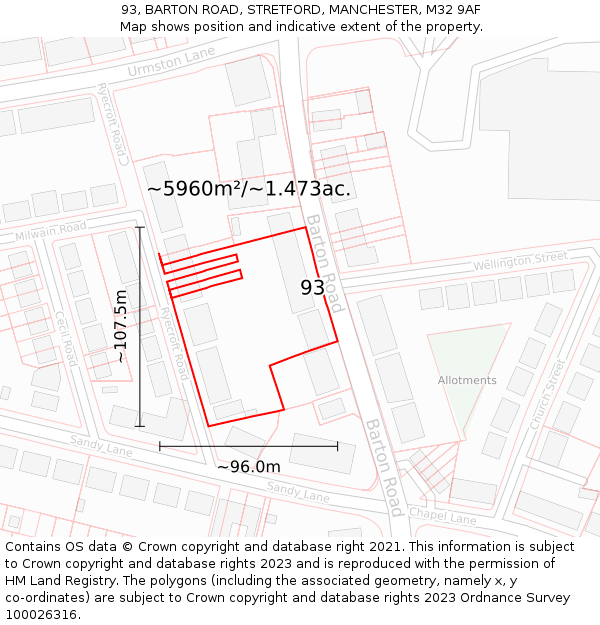 93, BARTON ROAD, STRETFORD, MANCHESTER, M32 9AF: Plot and title map