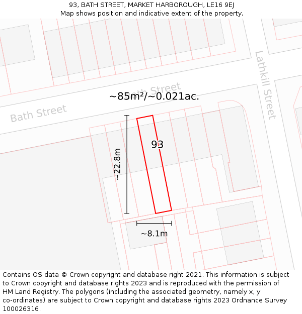 93, BATH STREET, MARKET HARBOROUGH, LE16 9EJ: Plot and title map