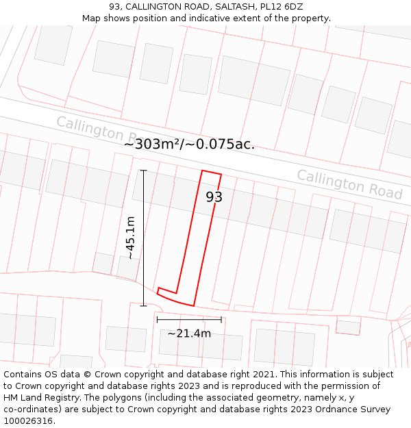 93, CALLINGTON ROAD, SALTASH, PL12 6DZ: Plot and title map