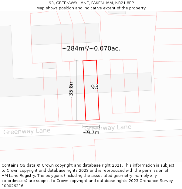 93, GREENWAY LANE, FAKENHAM, NR21 8EP: Plot and title map