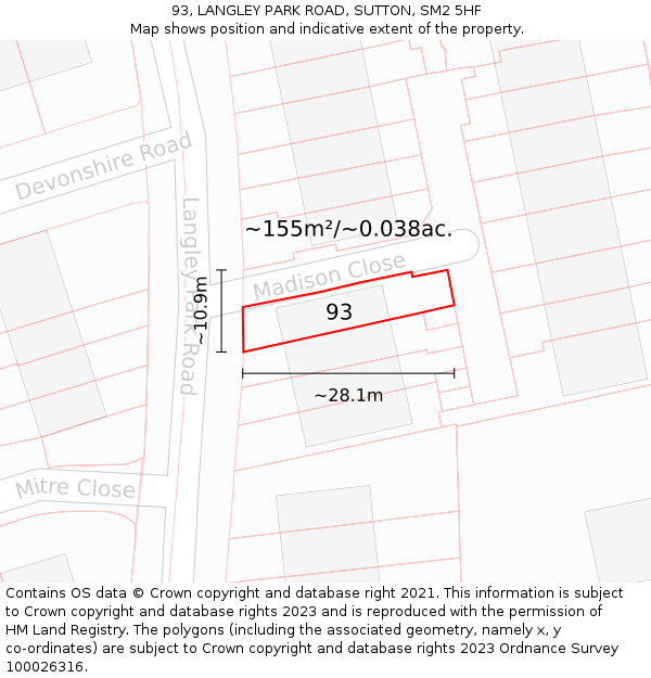 93, LANGLEY PARK ROAD, SUTTON, SM2 5HF: Plot and title map