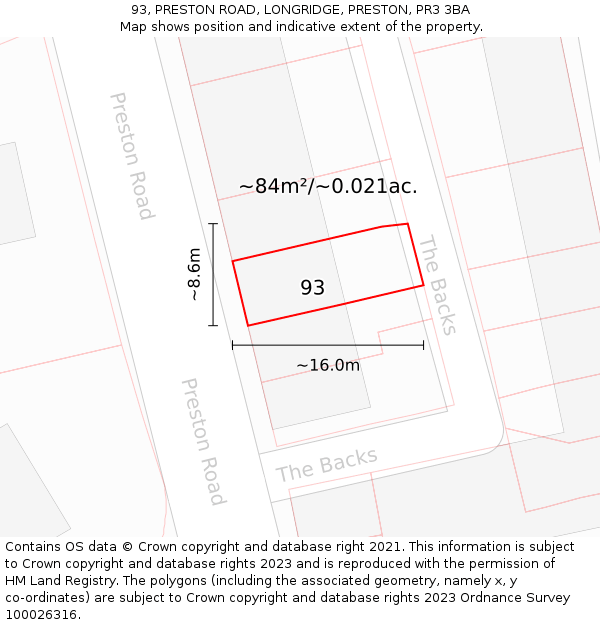 93, PRESTON ROAD, LONGRIDGE, PRESTON, PR3 3BA: Plot and title map