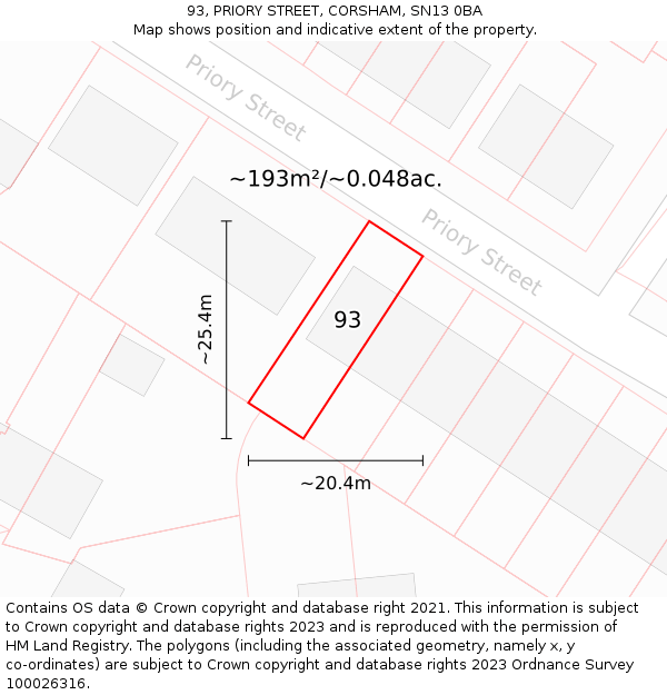 93, PRIORY STREET, CORSHAM, SN13 0BA: Plot and title map