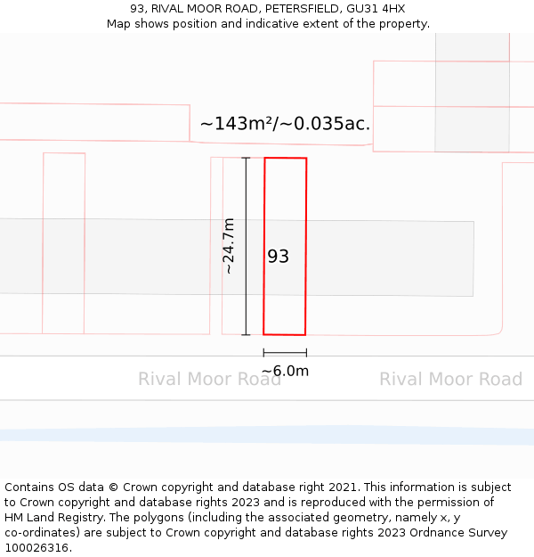 93, RIVAL MOOR ROAD, PETERSFIELD, GU31 4HX: Plot and title map