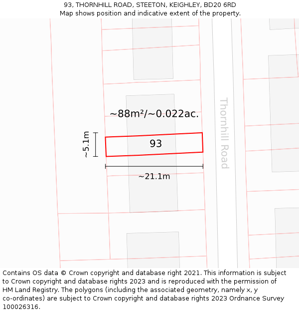93, THORNHILL ROAD, STEETON, KEIGHLEY, BD20 6RD: Plot and title map