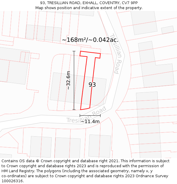 93, TRESILLIAN ROAD, EXHALL, COVENTRY, CV7 9PP: Plot and title map