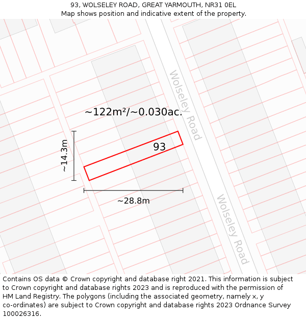 93, WOLSELEY ROAD, GREAT YARMOUTH, NR31 0EL: Plot and title map