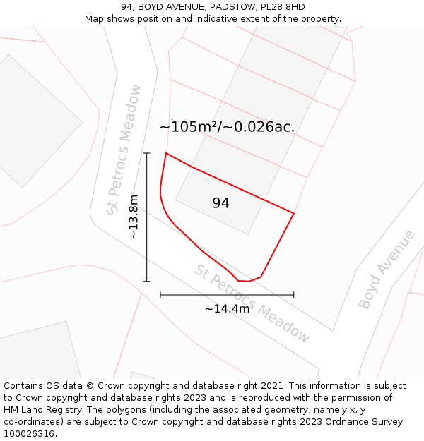 94, BOYD AVENUE, PADSTOW, PL28 8HD: Plot and title map
