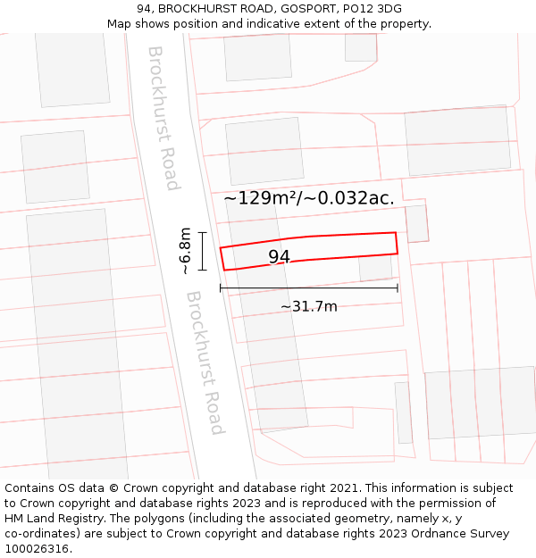 94, BROCKHURST ROAD, GOSPORT, PO12 3DG: Plot and title map