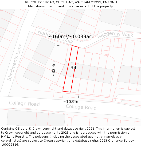 94, COLLEGE ROAD, CHESHUNT, WALTHAM CROSS, EN8 9NN: Plot and title map