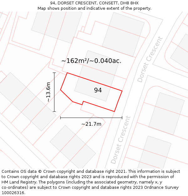 94, DORSET CRESCENT, CONSETT, DH8 8HX: Plot and title map