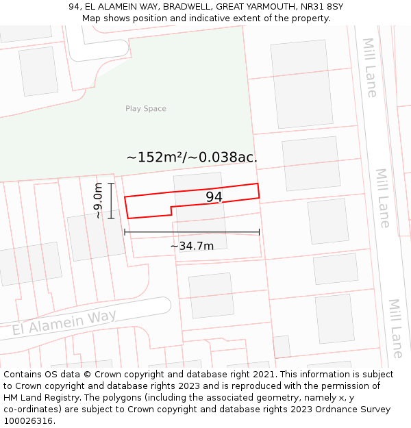 94, EL ALAMEIN WAY, BRADWELL, GREAT YARMOUTH, NR31 8SY: Plot and title map