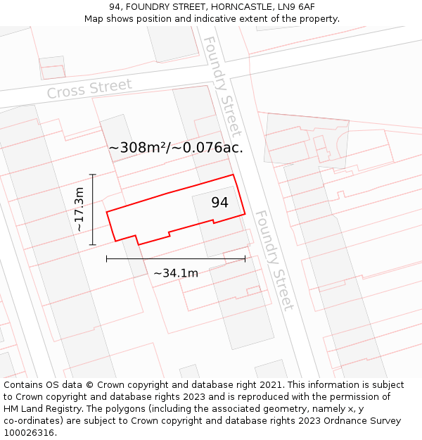 94, FOUNDRY STREET, HORNCASTLE, LN9 6AF: Plot and title map