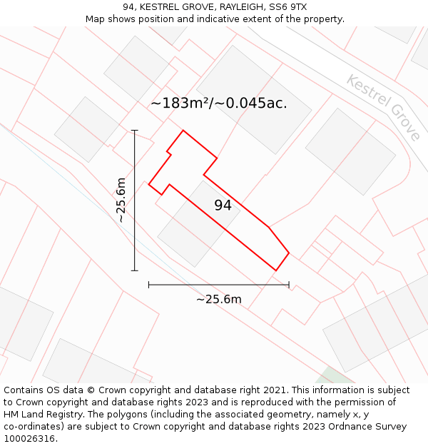 94, KESTREL GROVE, RAYLEIGH, SS6 9TX: Plot and title map