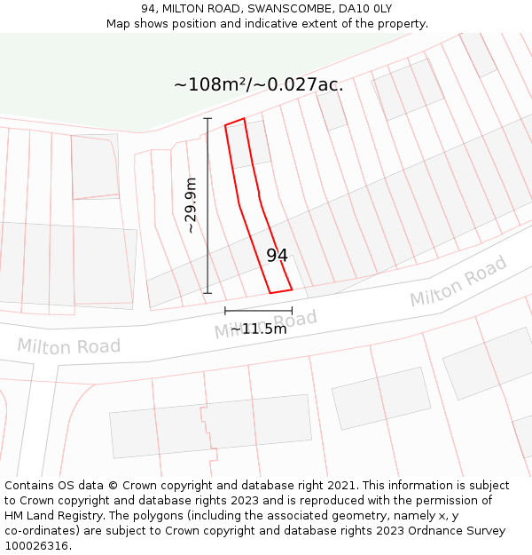 94, MILTON ROAD, SWANSCOMBE, DA10 0LY: Plot and title map