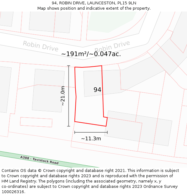 94, ROBIN DRIVE, LAUNCESTON, PL15 9LN: Plot and title map