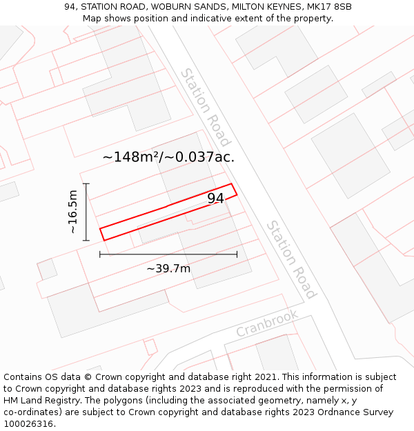 94, STATION ROAD, WOBURN SANDS, MILTON KEYNES, MK17 8SB: Plot and title map