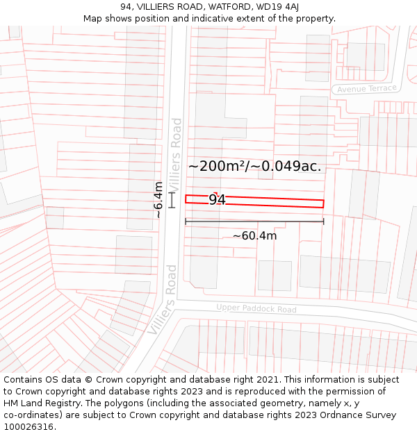 94, VILLIERS ROAD, WATFORD, WD19 4AJ: Plot and title map