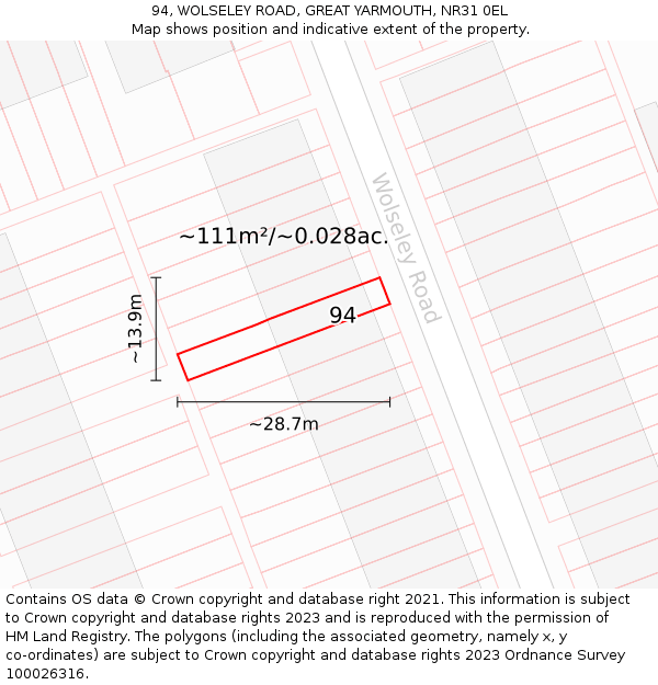 94, WOLSELEY ROAD, GREAT YARMOUTH, NR31 0EL: Plot and title map