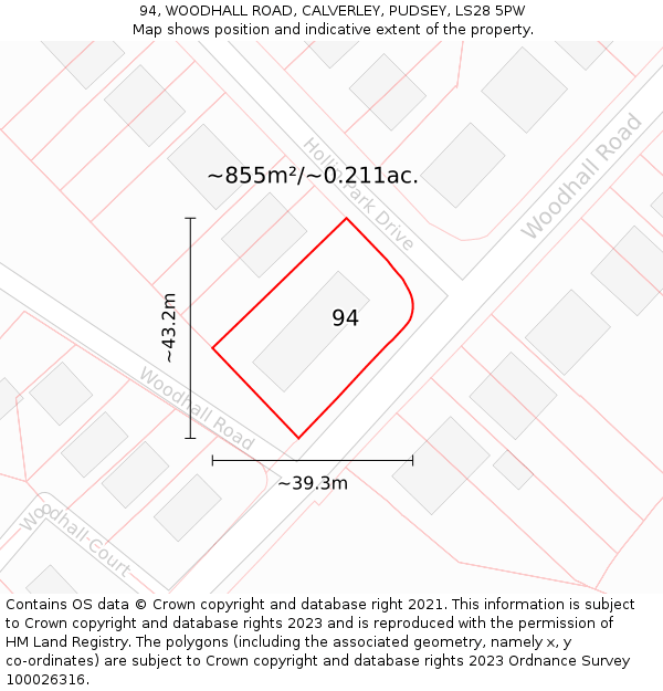 94, WOODHALL ROAD, CALVERLEY, PUDSEY, LS28 5PW: Plot and title map
