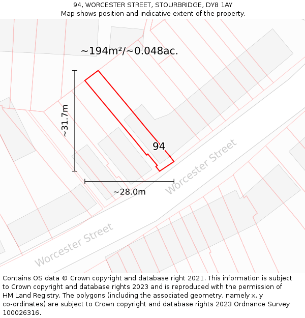 94, WORCESTER STREET, STOURBRIDGE, DY8 1AY: Plot and title map